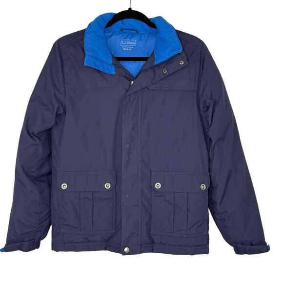 LL Bean Boys Goose Down Puffer Coat Hooded Navy Blue Size M 10 12 - Picture 1 of 7